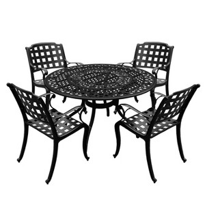 5pc Patio Dining Set with 48" Ornate Outdoor Mesh Aluminum Round Table & Checker Chairs - Black - Oakland Living: UV-Resistant, Mold-Resistant - 1 of 4