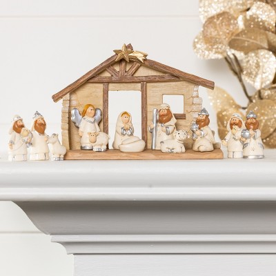 Miniature Light Brown and Beige Resin Nativity Scene Set