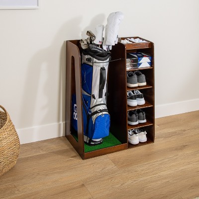 Premium Brown Wooden Freestanding Golf Bag Organizer and Storage Rack