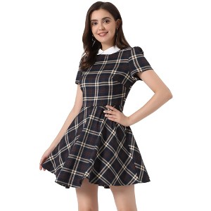 Allegra K Women's Plaid Grid Peter Pan Collar Contrast A-line Dresses - 1 of 4