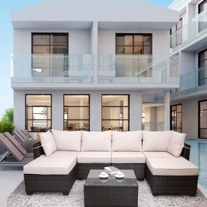 Janey 7-Piece PE Rattan Patio Conversation Set, Patio Sectional Sofa Set with Coffee Table, Outdoor Furniture - Maison Boucle - 1 of 4
