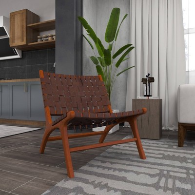 Handcrafted Brown Leather and Wood Slipper Chair