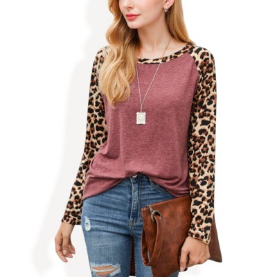 Anna-Kaci Women's Long Sleeve Pullover Shirt with Leopard Print Contrast Panels and Crew Neck