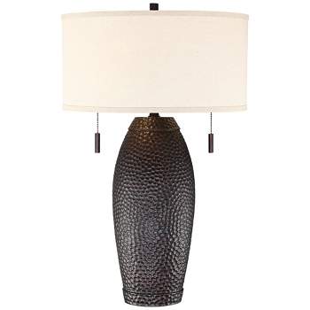 Franklin Iron Works Noah Modern Rustic Farmhouse Table Lamp 31" Tall Hammered Bronze Oatmeal Fabric Drum Shade for Bedroom Living Room Bedside Office