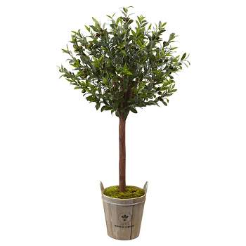 4.5' Olive Topiary Tree with European Barrel Planter - Nearly Natural