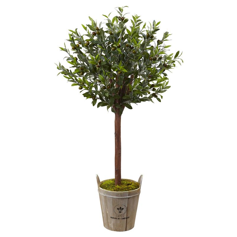 4.5' Olive Topiary Tree with European Barrel Planter - Nearly Natural, 1 of 9