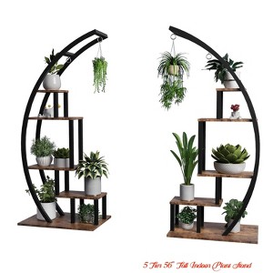 5 Tier 56" Tall Indoor Plant Stand, Curved Metal & Wood Plant Shelf w/ 6 Hanging Hooks, Large Display Rack - 1 of 4