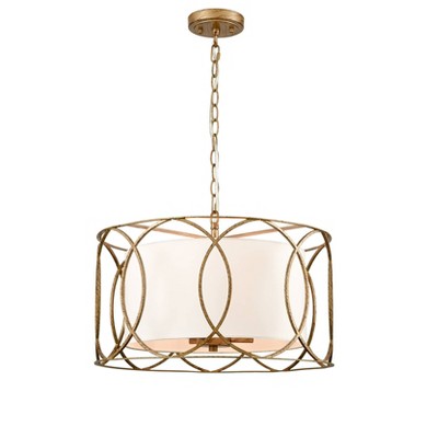 Claxy Modern Drum Chandelier Brass Fabric 3-Light Dining Room Pendant