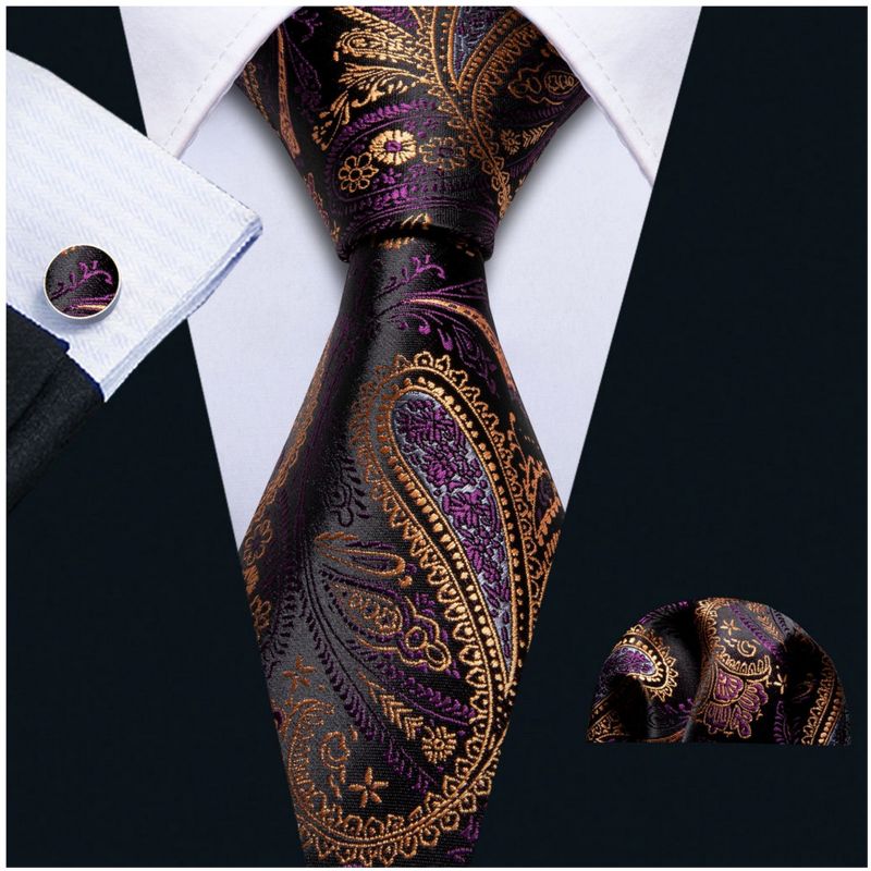 Men's Purple And Yellow Paisley 100% Silk Neck Tie With Matching Hanky And Cufflinks Set, 2 of 5