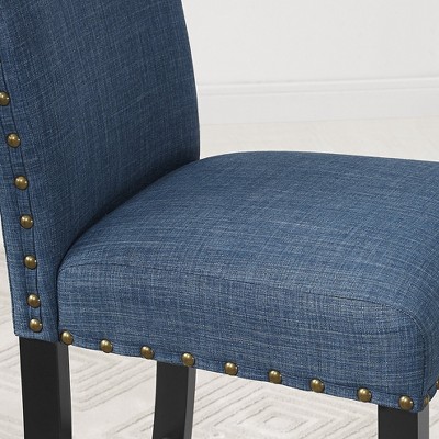 Blue Linen Upholstered Dining Side Chair with Espresso Wood Legs, Set of 2