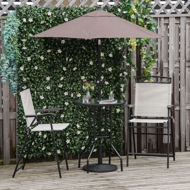 Outsunny 4 Piece Patio Bar Set for 2 with 6' Adjustable Tilt Umbrella, Outdoor Bistro Set with Folding Chairs & Glass Round Dining Table, 4 of 8