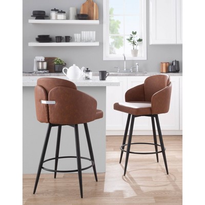 Camel and Matte Black Swivel Metal Counter Stools, Set of 2