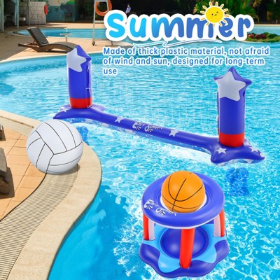 116" Inflatable Pool Volleyball Net & Basketball Hoops Pool Float Set Printed for Family, Pool Swimming Pool Toys Game Basketball Volleyball Set