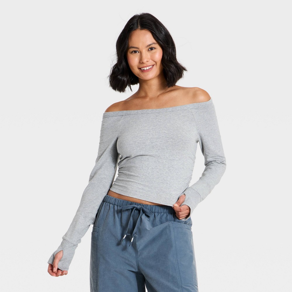 Women's Off The Shoulder Washed Jersey Active Pullover - JoyLab™ Gray M