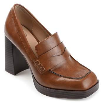 Journee Collection Womens Ezzey Loafer Mid Stacked Heel Square Toe Pumps