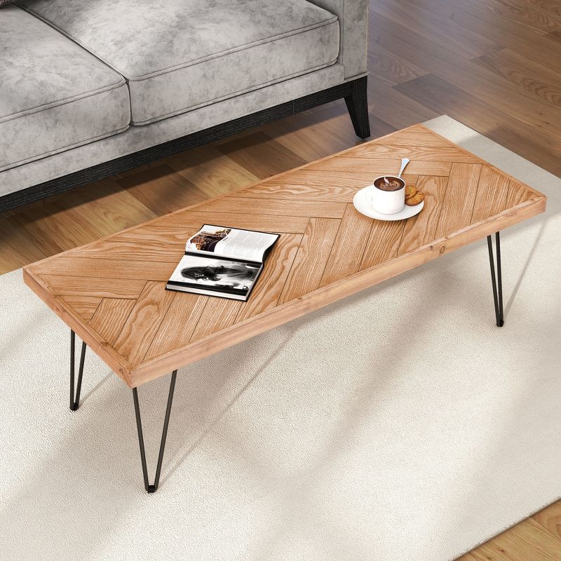 Clara Cocktail Table with w/Chevron Pattern Pattern Ash Wood Finished 4 Metal Hairpin Legs Storage Coffee Table-Maison Boucle, 2 of 10