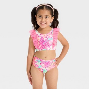Toddler Girls' Hibiscus Floral Ruffle Bikini Swim Set - Cat & Jack™ Pink - 1 of 3