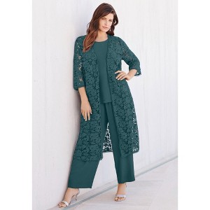 Roaman's Plus Size 3-Piece Allover Lace Duster Pant Set – Formal Wear - 1 of 4