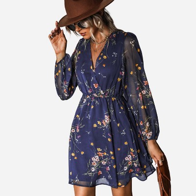 Navy floral dress long sleeve hotsell