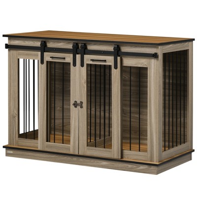 Large Oak Brown Dog Crate End Table with Sliding Doors