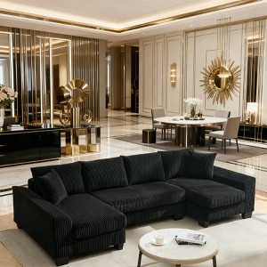 114" U Shaped Convertible Sleeper Sofa Pull Out Bed Corduroy Upholstery Adjustable Back Modern Lounger with 4 Back Cushion and 2 Pillows - 1 of 4