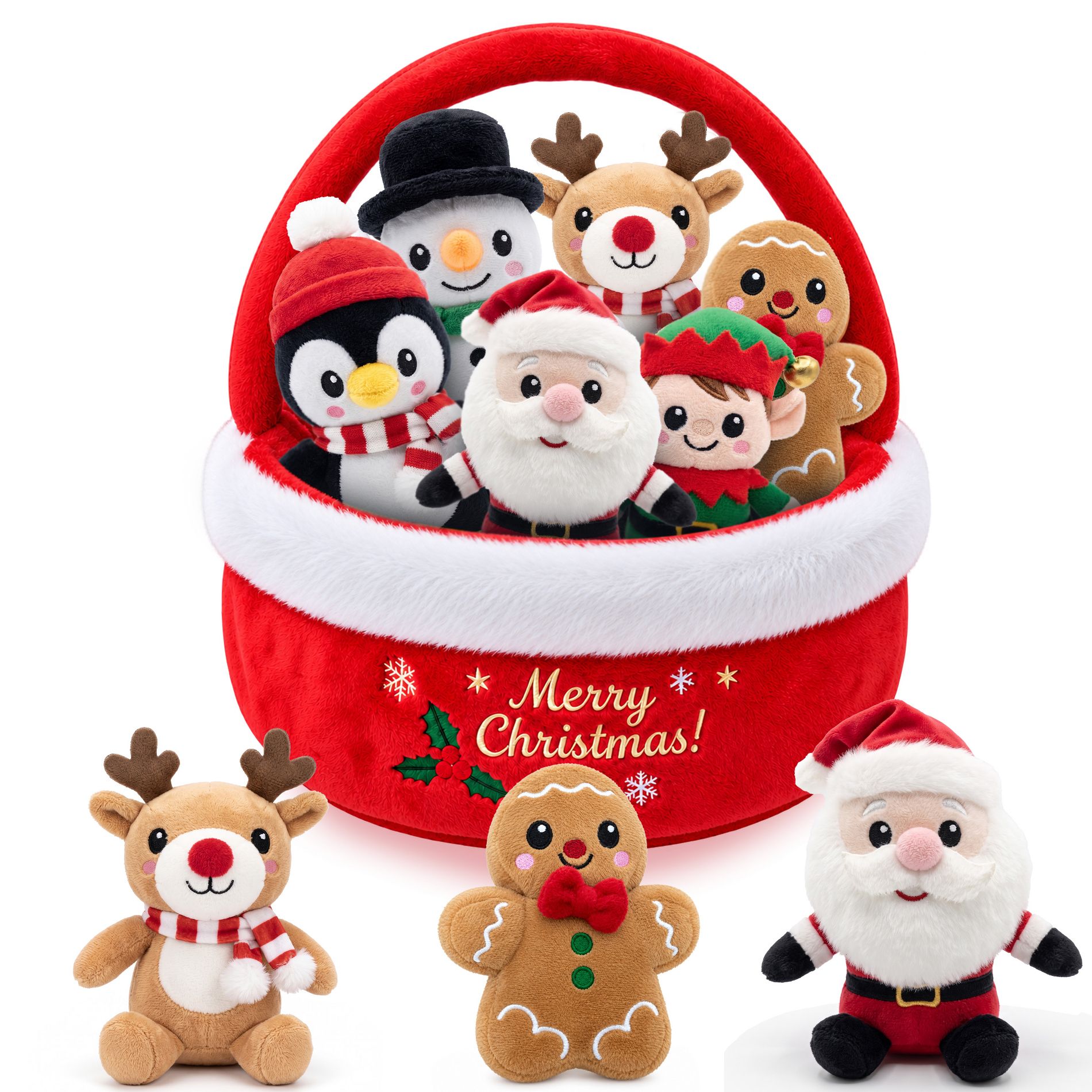 Christmas Baby Plush Play Set, Christmas Basket Plush with Santa, Deer, Snowman Stuffed Animals for Kids & Babies, Perfect Christmas Plushie Gift Toys