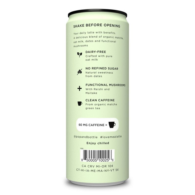 Pop &#38; Bottle Matcha Green Tea Oat Milk Latte with functional boost from Reishi and Maitake - 8 fl oz Can, 5 of 10