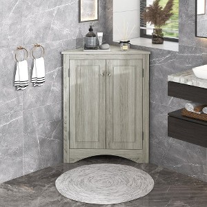 Triangular Wooden Corner Cabinet with Doors & Adjustable Shelves, Bathroom Corner Storage Cabinet for Kitchen Bathroom Living Room Grey - 1 of 4