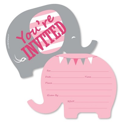 Big Dot of Happiness Pink Elephant - Shaped Fill-in Invitations - Girl Baby Shower or Birthday Party Invitation Cards with Envelopes - Set of 12