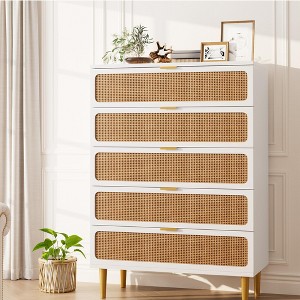 Cocuehta Rattan 5 Drawer Dressers for Bedroom, Large Chest of Drawers for Closet with Wide Top, Tall Dresser with Deep Drawers, Long Wooden Dresser - 1 of 4