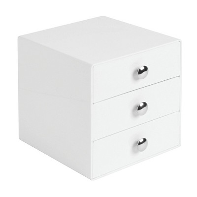 Compact White Plastic 3-Drawer Organizer with Chrome Knobs