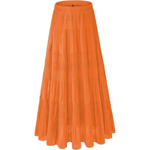 Women's 2025 Boho Chiffon Maxi Skirt - Flowy Pleated A-Line Long Skirt with Elastic Waist Pumpkin - 1 of 4