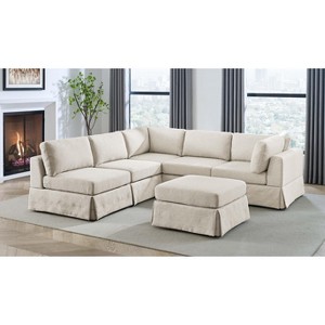 TiramisuBest 6-Piece Modular Upholstered Sectional Sofa, Reversible Slipcovered Couch with Removable Cushions, French Country Style, Beige - 1 of 4