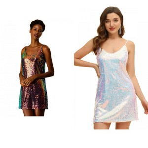 Allegra K Women's Glitter Sequin Spaghetti Strap V Neck Cocktail Sparkly Mini Dress 2 Packs - 1 of 4