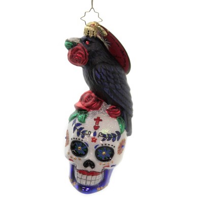 Christopher Radko 6.0" Raven & Roses Ornament Halloween Sugar Skull  -  Tree Ornaments