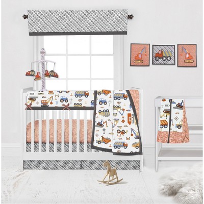 Bacati - Construction Yellow Orange Blue Gray 10 pc Crib Bedding Set with Long Rail Guard Cover