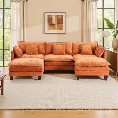 3-Seat U-Shaped Modern Cloud Couch - Chenille Modular Sectional with Deep Seat, 2 Ottoman & 4 Pillows for Home/Apartment Spaces