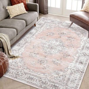 Bohemian Vintage Style Rug, Washable Low Pile Rug with Rubber Backing, Floral Floor Rug for Bedroom, Living Room, Home Office, Game Room - 1 of 4