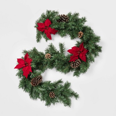 6ft Christmas Red Poinsettia & Ornaments Artificial Pine Garland - Wondershop™