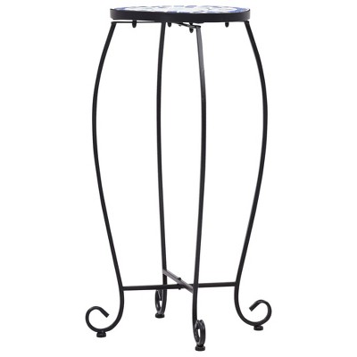 Blue and White Ceramic Mosaic Plant Stand Set with Black Iron Frame