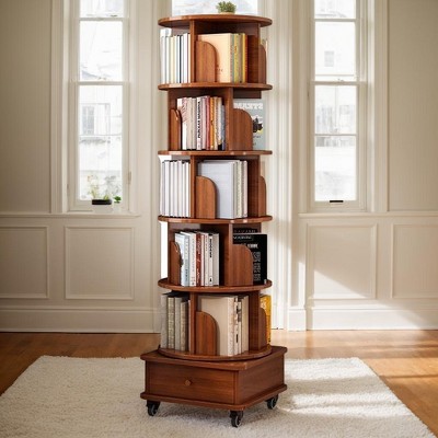 Maliang 6 Tier Bookcase Storage Rack with Wheels, 360 Display Rotating Bookshelf for Small Space, Brown