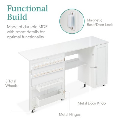 Compact White Folding Sewing and Craft Table with Storage and Caster Wheels
