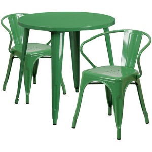 Emma and Oliver Commercial 30" Round Green Metal Indoor-Outdoor Table Set with 2 Arm Chairs - 1 of 4