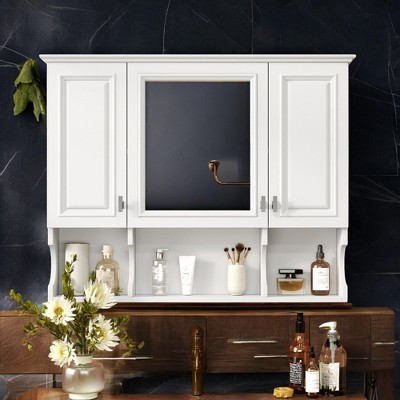 Alilang 35.00 Inch Wall-Mounted Storage Cabinet with Mirror and Adjustable Shelves-White