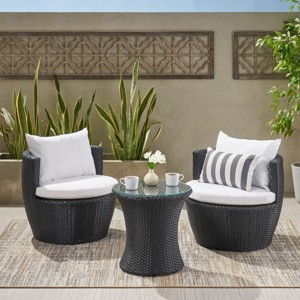 3-Piece Boho Outdoor Chat Set, Faux Wicker Club Chairs with Beige Cushions, Round End Table with Tempered Glass Top-The Pop Home - 1 of 4