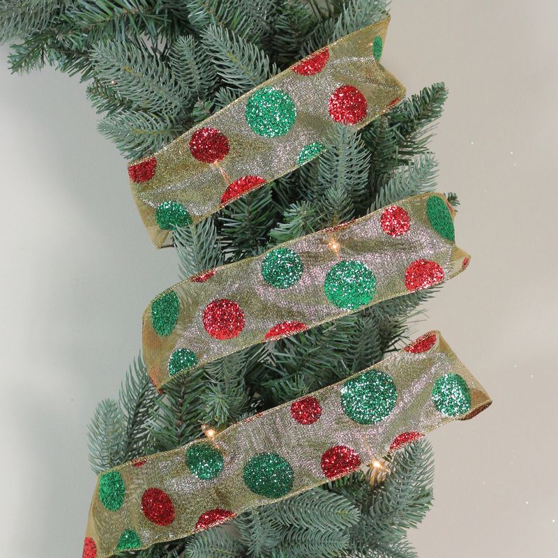 Northlight Glitter Red and Green Polka Dotted Christmas Craft Ribbon 2.5" x 16 Yards, 2 of 4