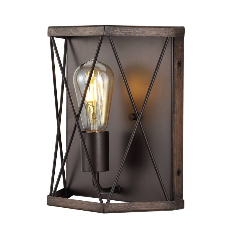 8.25&#34; 1-Light Liam Rustic Farmhouse Iron LED Sconce Wood Finished/Oil Rubbed Bronze - JONATHAN Y, 1 of 10