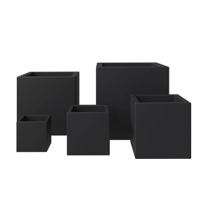 LeisureMod Fern 5-Piece Square Stone Planter Set with Drainage Holes and Covers, All-Weather Design for Indoor/Outdoor Use - 1 of 4
