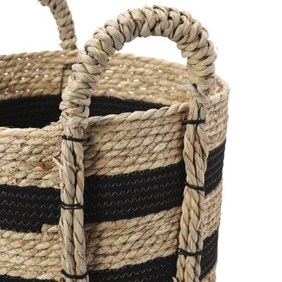 Braided Black & Natural Seagrass Round Storage Basket with Iron Handles