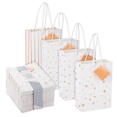 Sparkle and Bash 24 Pack White and Rose Gold Party Bags for Candy, Small Gifts, Metallic Rose Gold, 4 Designs, 7.9 x 5.5 x 2.5 In
